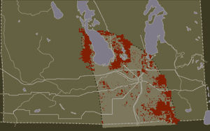 Prairie d’herbes hautes fragmentée au sud du Manitoba, routes et chemins de fer - Vers 1926